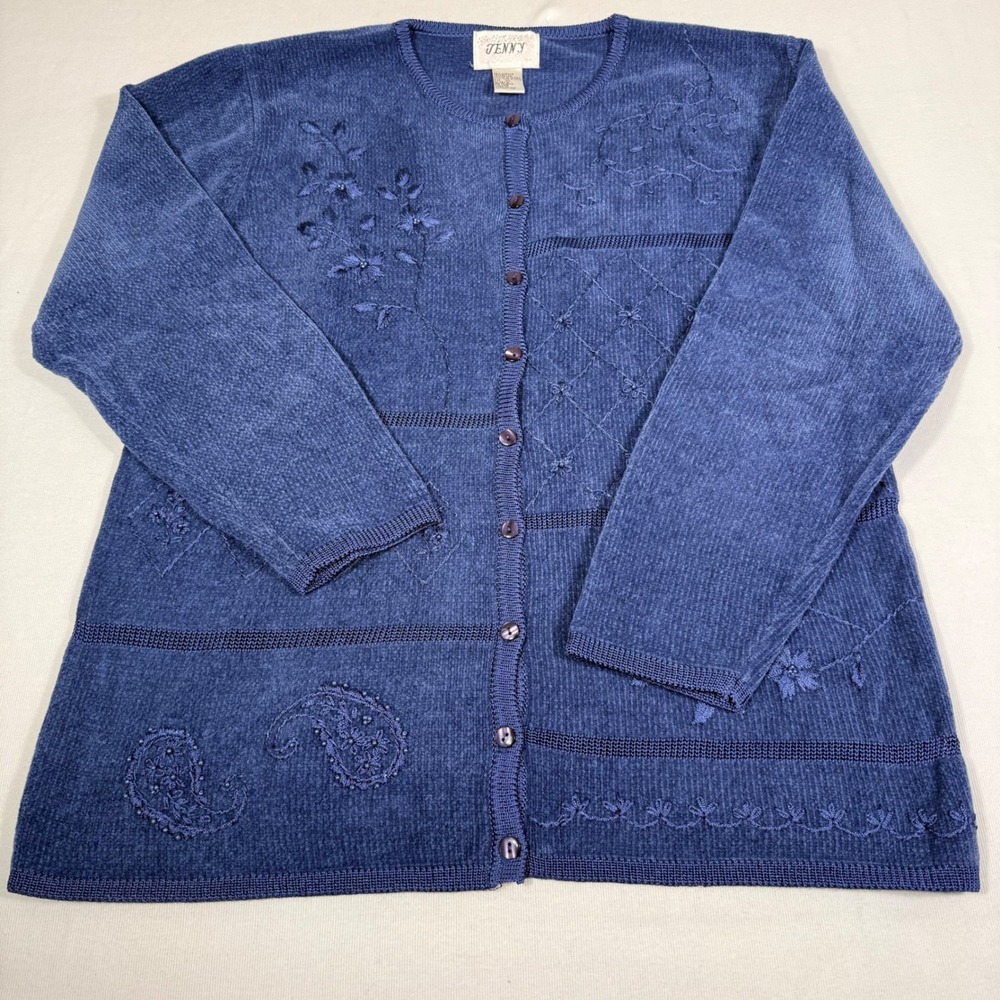 Jenny Cardigan Sweater XL Blue Embroidered Beaded Floral Paisley Grandma cottage